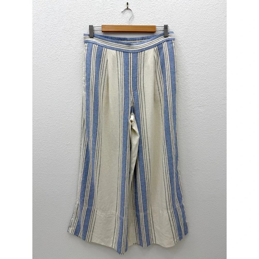 Banana Republic Linen Blend Striped Wide Leg Pants Blue Cream‎ High Rise Small